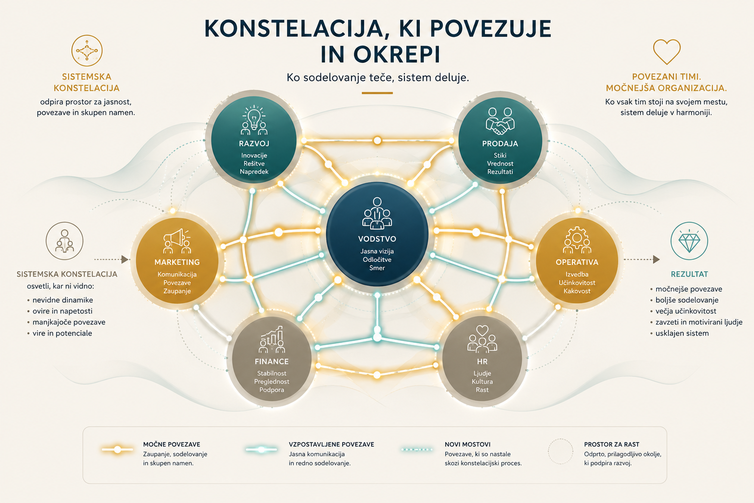 Diagram konstelacije tima z vodstvom, marketingom, razvojem, prodajo, operativo, financami in HR.